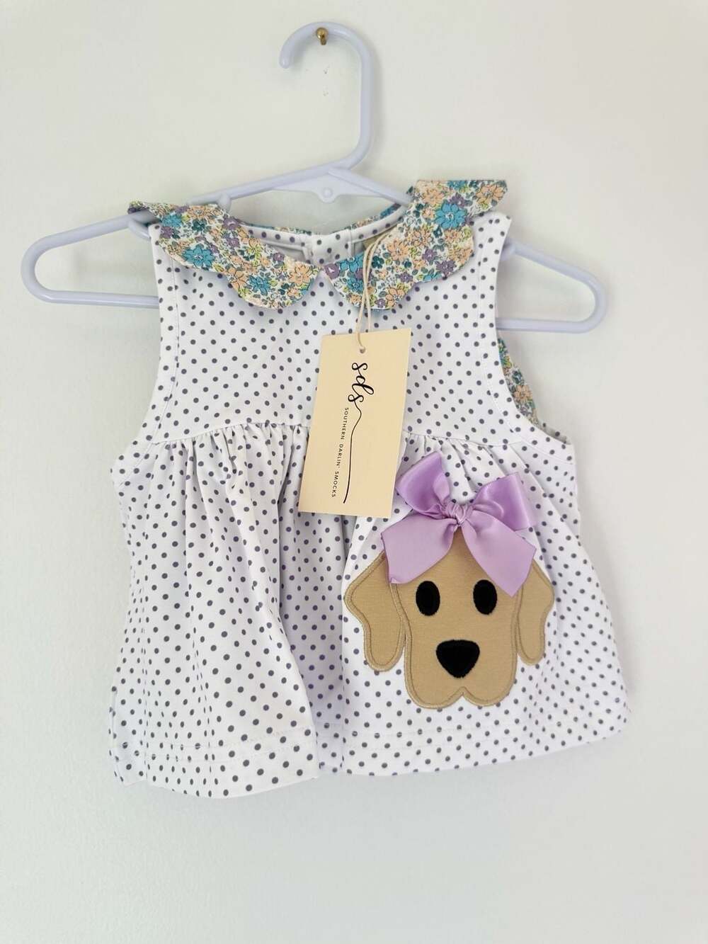 Southern Darlin' Smocks Purple Polka Dot Puppy with Floral Collar Bloomer Set